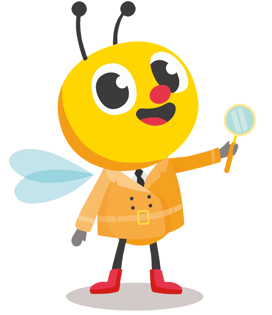 Detective Buzz mascot holding a magnifying glass